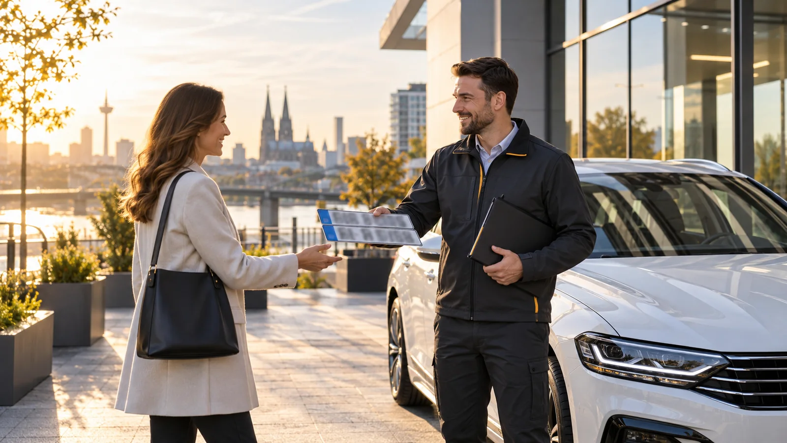 Schnelle Übergabe von Fahrzeugpapieren und Kennzeichen im Rahmen der Express-Zulassung.